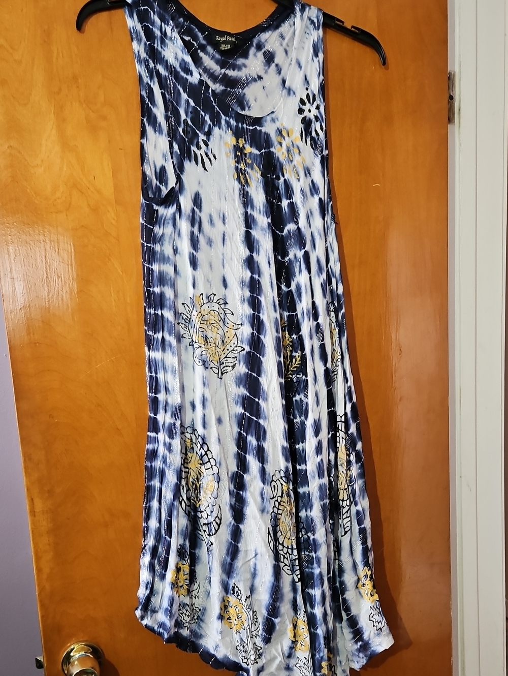Tie-Dye Navy & White Tank Dress with Gold Accents